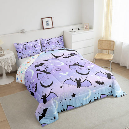 Feelyou Halloween Comforter Rainbow Comforter Set for Boys Girls Children Bat Moon Star Print Bedding Set Halloween Theme Purple Gradient Style Room Decor Twin Size Duvet Set 2Pcs with 1 Pillow Case
