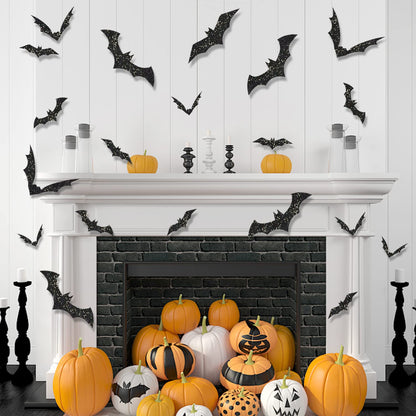 FOIMAS 144pcs Halloween Bat Wall Decor,3D Black Glitter Bats Wall Stickers Decal for Halloween Home Decoration Party Supply