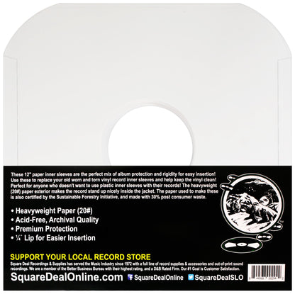 (100) Archival Quality Acid-Free Heavyweight Paper Inner Sleeves with Hole for 12" Vinyl Records - Durable 20# Paper - Easy Record Insertion - #12IW