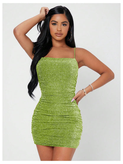 Floerns Women's Glitter Sleeveless Ruched Party Clubwear Bodycon Mini Dress Light Green Small