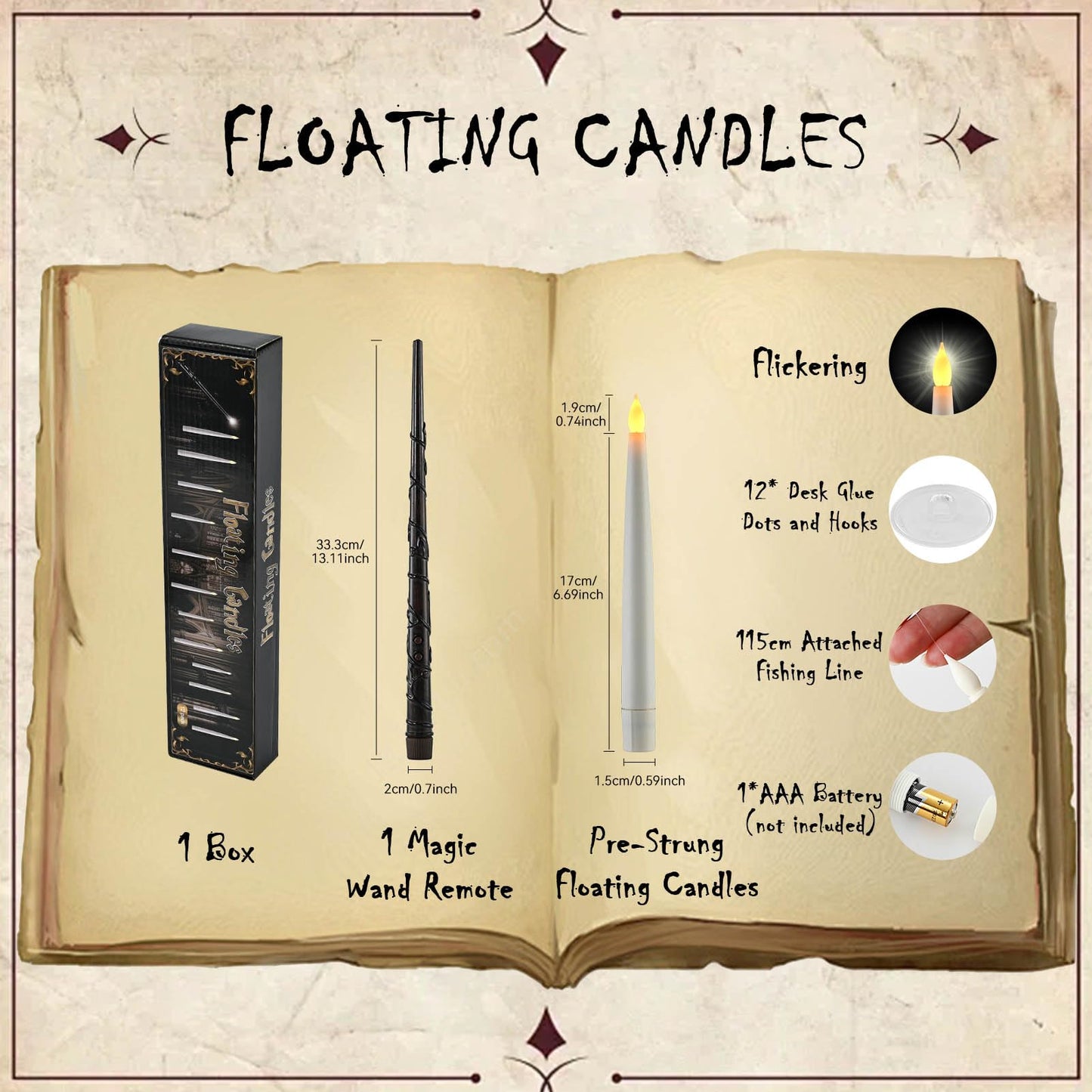 JOSU Floating Candles with Wand Remote, 12 Pcs Halloween Decor Magic Hanging Candles, Flickering Flameless LED Taper Candle Battery Operated for Christmas Window Party Home Decorations - White