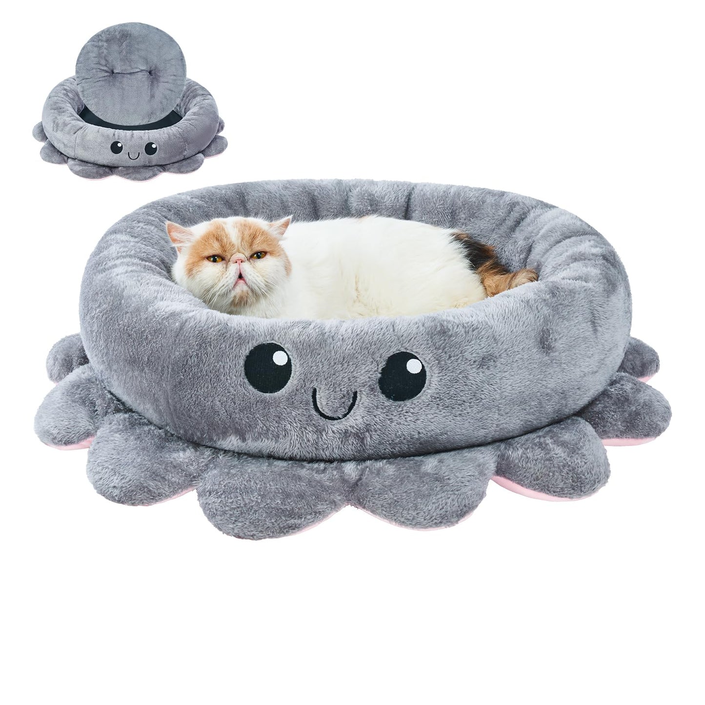 Jiupety Cute Calming Dog Beds Clearance for Medium Small Dogs, Anxiety Bolster Dog Bed with Octopus Shape, Grey, M, Boho, Round Pet Bed Cat with Removable Cushion