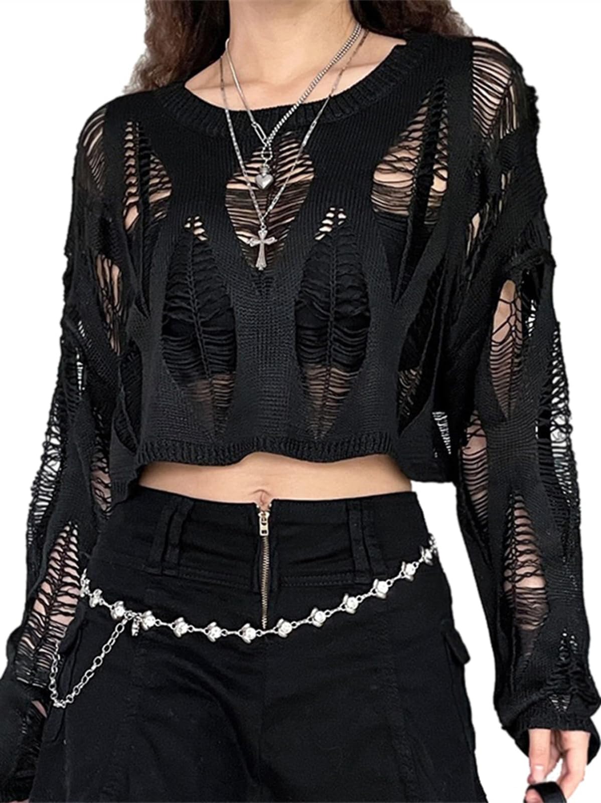 Gothic Crop Tops for Women Hollow Out Fishnet Grunge Clothes Y2k Punk Top Long Sleeve Black Knit Ripped Sweater