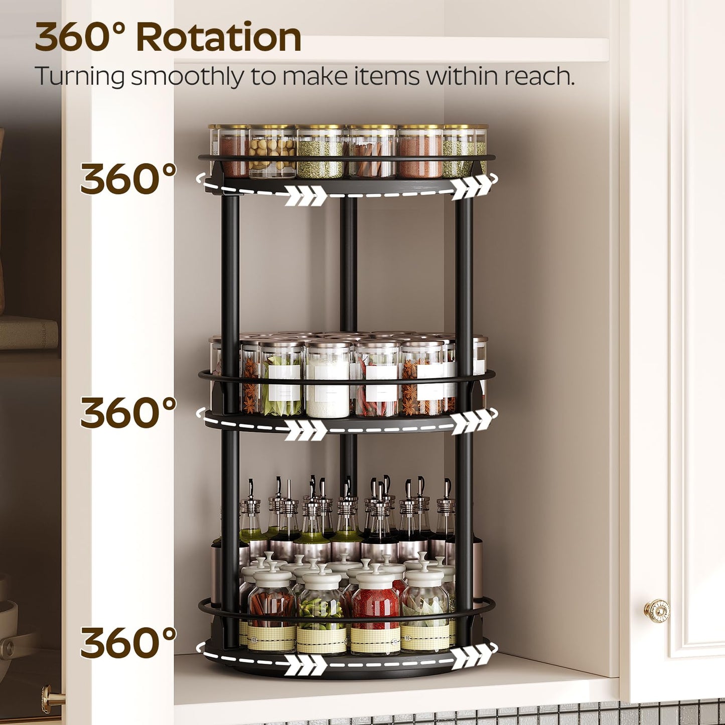 3-Tier Lazy Susan Organizer, Rotating Spice Rack, Spinning Organizer, Industrial Turntable Spice Rack Organizer for Cabinet, Kitchen Countertop, Pantry, Rustic Brown and Black SR23BR