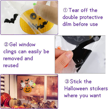 Halloween Gel Window Clings Decorations Window Stickers Gel Window Decor Includes Ghosts Pumpkins Witch Bats Haunted House, Reusable and Easy to Remove - 6 Sheets