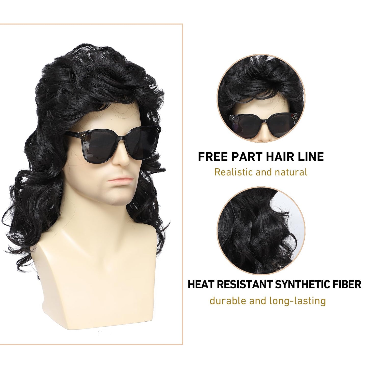 Kavsni Mullet Wigs for Men Joe Dirt Emo Wig 80s Costumes Fancy Party Accessory Cosplay Wig Halloween Man x (Black)