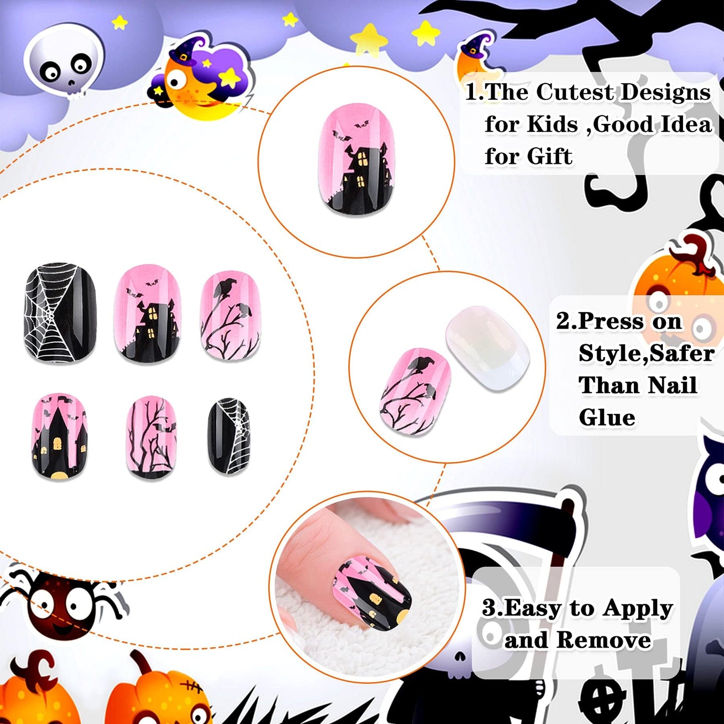 JANYUN 96 Pcs Kids False Nail Full Cover Short Fake Nails Children Nail Tips for Kids Little Girls Lovely Gift Nail Art Decoration (Halloween Theme)