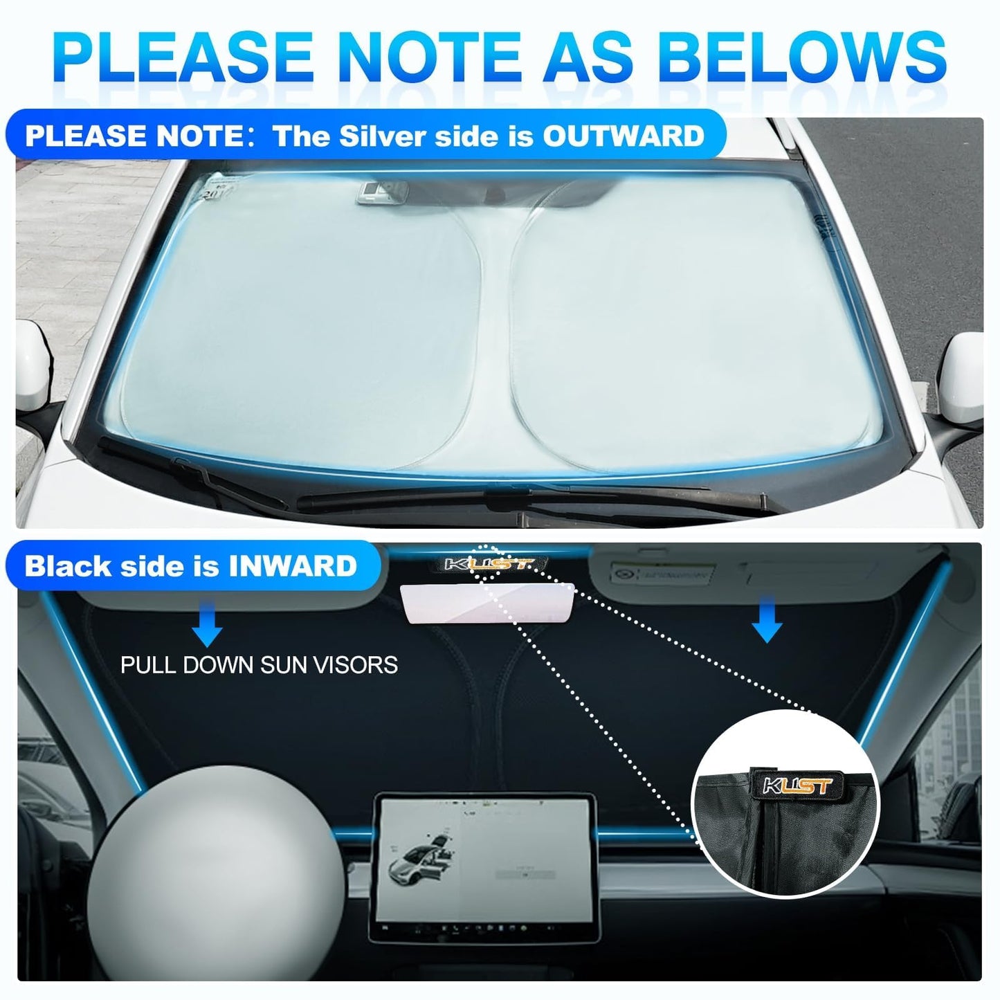 KUST Windshield Sun Shade for 2017-2026 Tesla Model Y/3 (Fit 2025-2026 Model Y Juniper/2024 Model 3 Highland) Upgraded Foldable Sunshade, Window Sun Visor Protector, Blocks UV Rays Keep Your Car Cool