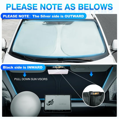 KUST Windshield Sun Shade for 2017-2026 Tesla Model Y/3 (Fit 2025-2026 Model Y Juniper/2024 Model 3 Highland) Upgraded Foldable Sunshade, Window Sun Visor Protector, Blocks UV Rays Keep Your Car Cool
