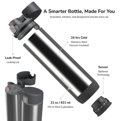 Hidrate Spark PRO Smart Water Bottle 21oz Brushed Steel | Tracks Water Intake, Bluetooth, LED Glow Reminder, When You Need to Drink, Chug Lid