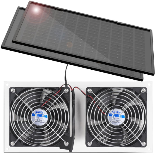20W Solar Powered Fan Kit, IPX7 Weatherproof Dual Fan, Solar Exhaust Intake Cooling Ventilation for Chicken Coop,Greenhouse,Shed,Pet House,Outside with 11Ft/3.5m On/Off Switch Cable