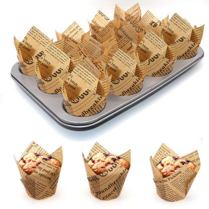 150pcs Tulip Cupcake Liners Baking Cups Muffin Liner Grease-Proof Paper Cupcake Wrappers for Wedding, Birthday Party, Standard Size (Natural Newspaper Printed)