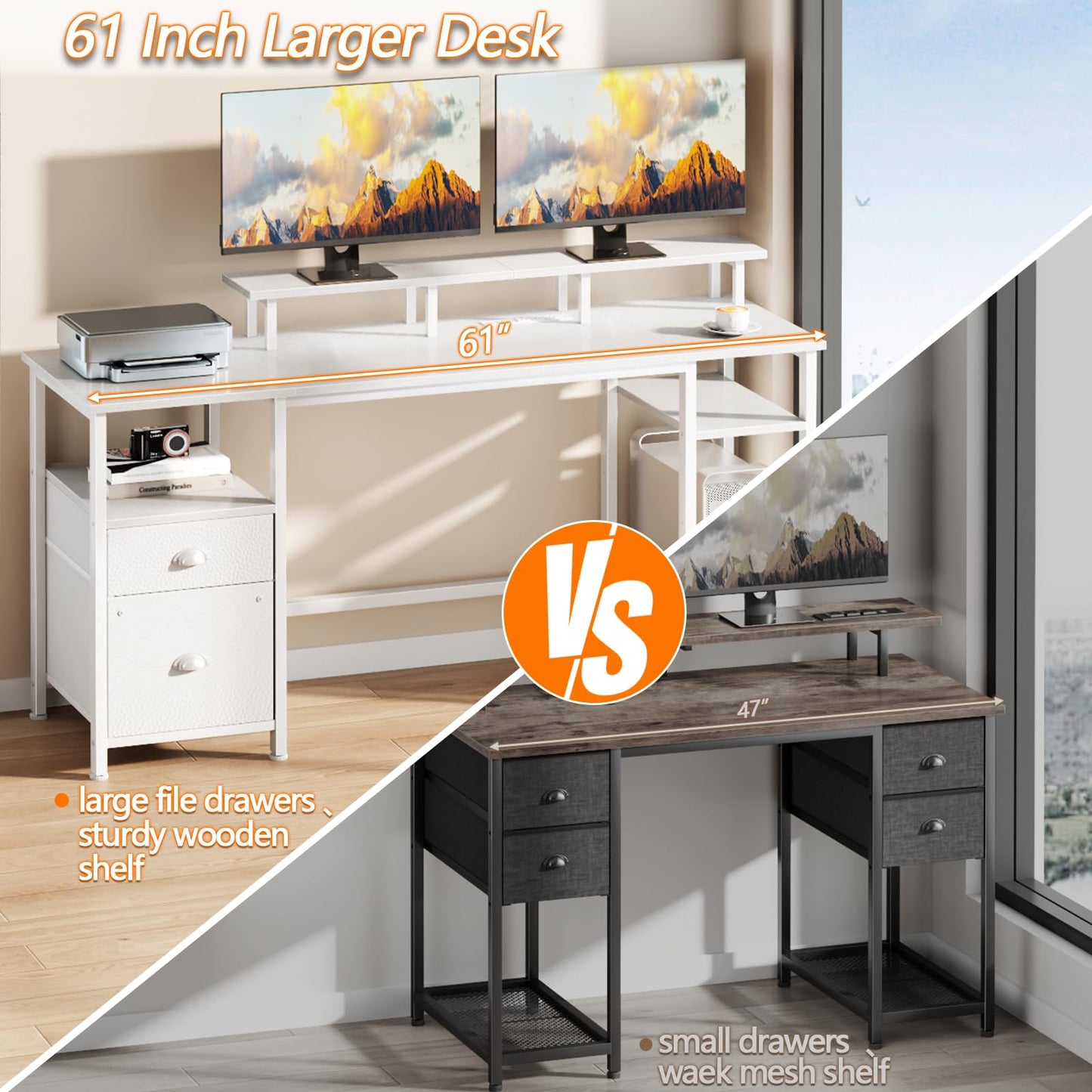 Furologee 61" Desk with LED Light & Power Outlets, Reversible Computer Table with File Cabinet & Drawer, White Gaming Desk Writing Table with Dual Monitor Stand, for Home/Office/White