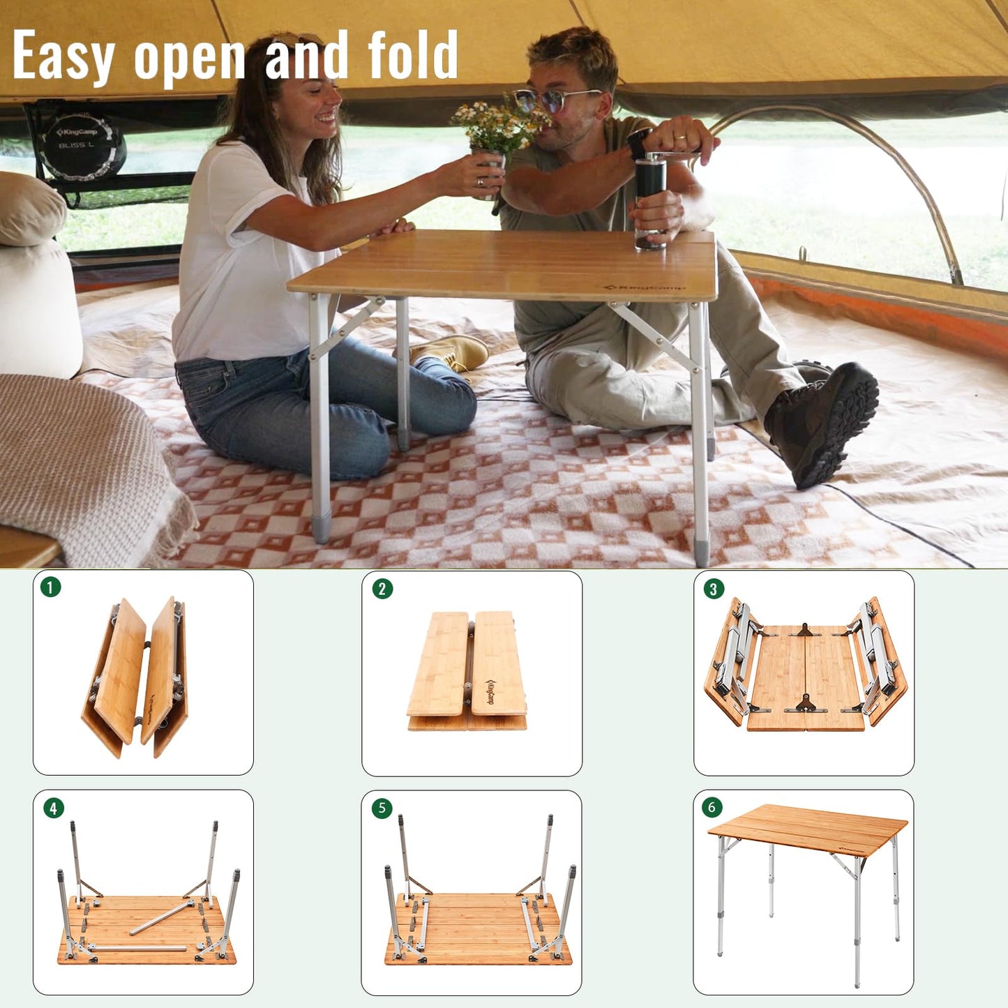 KingCamp Adjustable Height Folding Table, 4-Fold Bamboo Camping Outdoor Portable RV Camp Table with Carry Bag for Outdoor Car Backyard Picnic Tailgating Beach