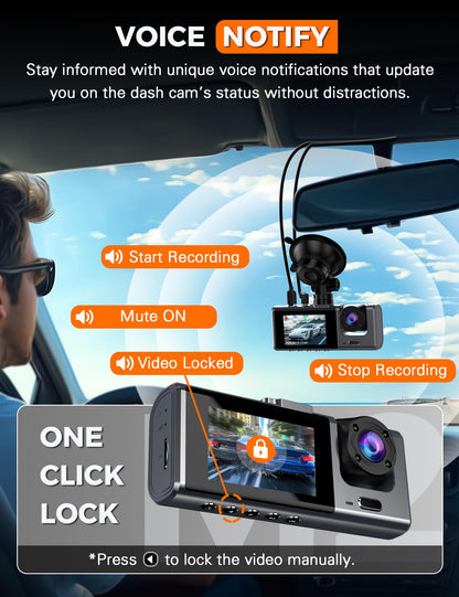 Galphi 3 Channel WiFi Dash Cam Front and Rear Inside with 64GB SD Card, 2.5K+1080P+1080P Car Dash Camera for Cars Front and Rear, Dashcam with G-Sensor, Loop Recording, 24H Parking Mode, Support 512GB