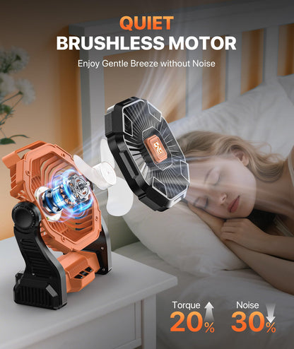 Doviluxe Camping Fan Battery Powered -12000mAh Portable Rechargeable Fans Light, Battery Operated Fan for Camping Hook 4 Speed Quiet Cordless USB Personal Cooling for Desk Home Beach Tent BBQ