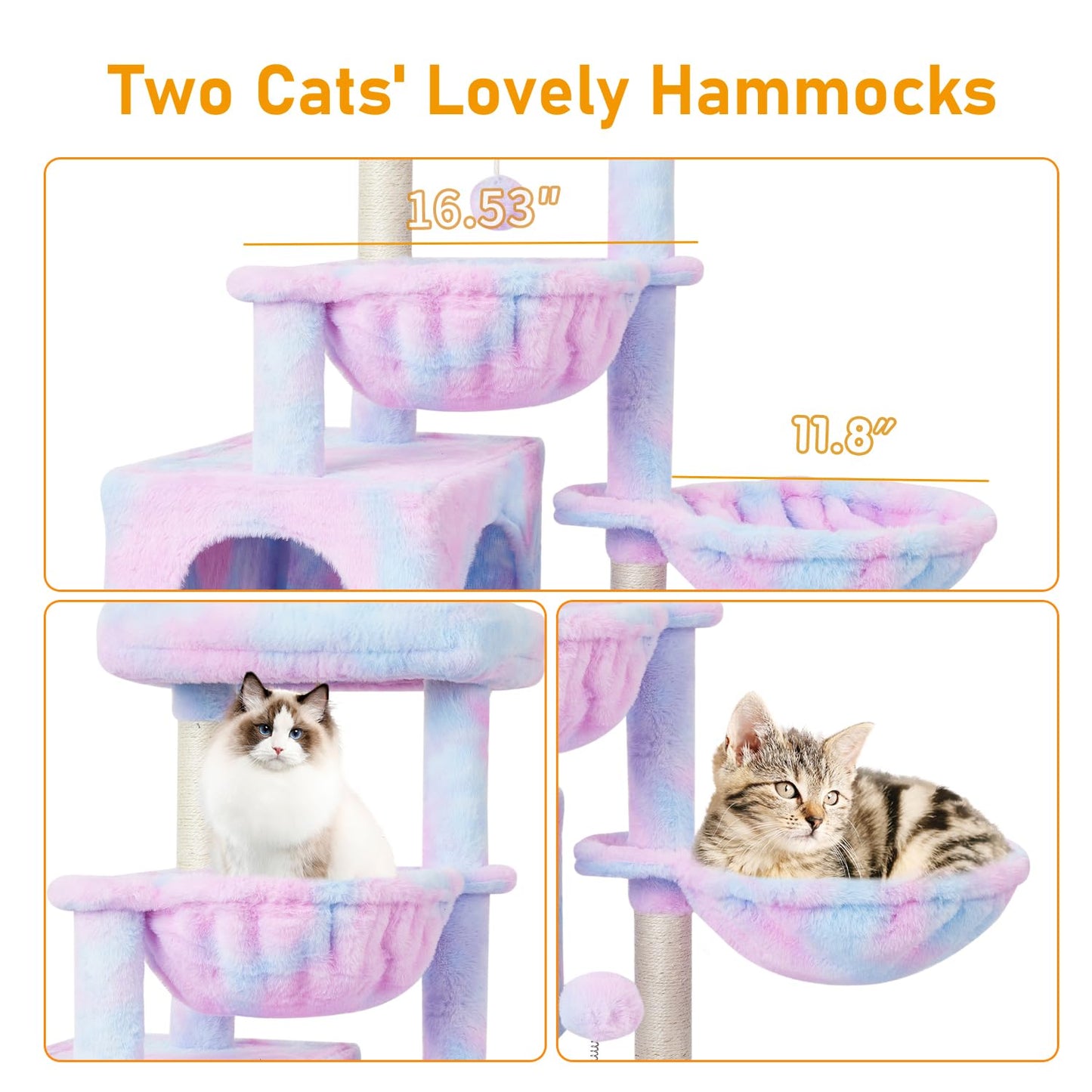 KIYUMI Cat Tree Cat Tower Condo with Sisal Scratching Post for Indoor Cats Cat Tree Cat Furniture with Hammock Perch and Kitten Ball Toys, Multi-Level Pet Activity Center Rainbow