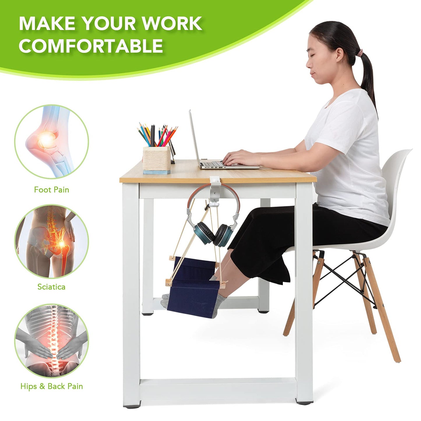 iMissiu Adjustable Office Foot Rest | Portable Under Desk Hammock with Headphones Holder (Blue)