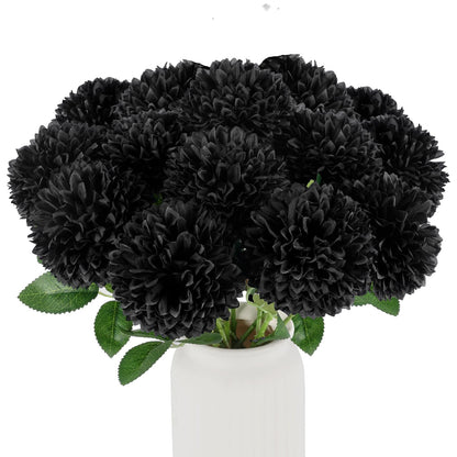 Hananona 12 Pcs Artificial Chrysanthemums Flowers Ball Flower, Fake Mums Flowers Black Silk Plants for Ghothic Home Decor Indoor Floral Arrangement Halloween Table Centerpiece (12, Black)