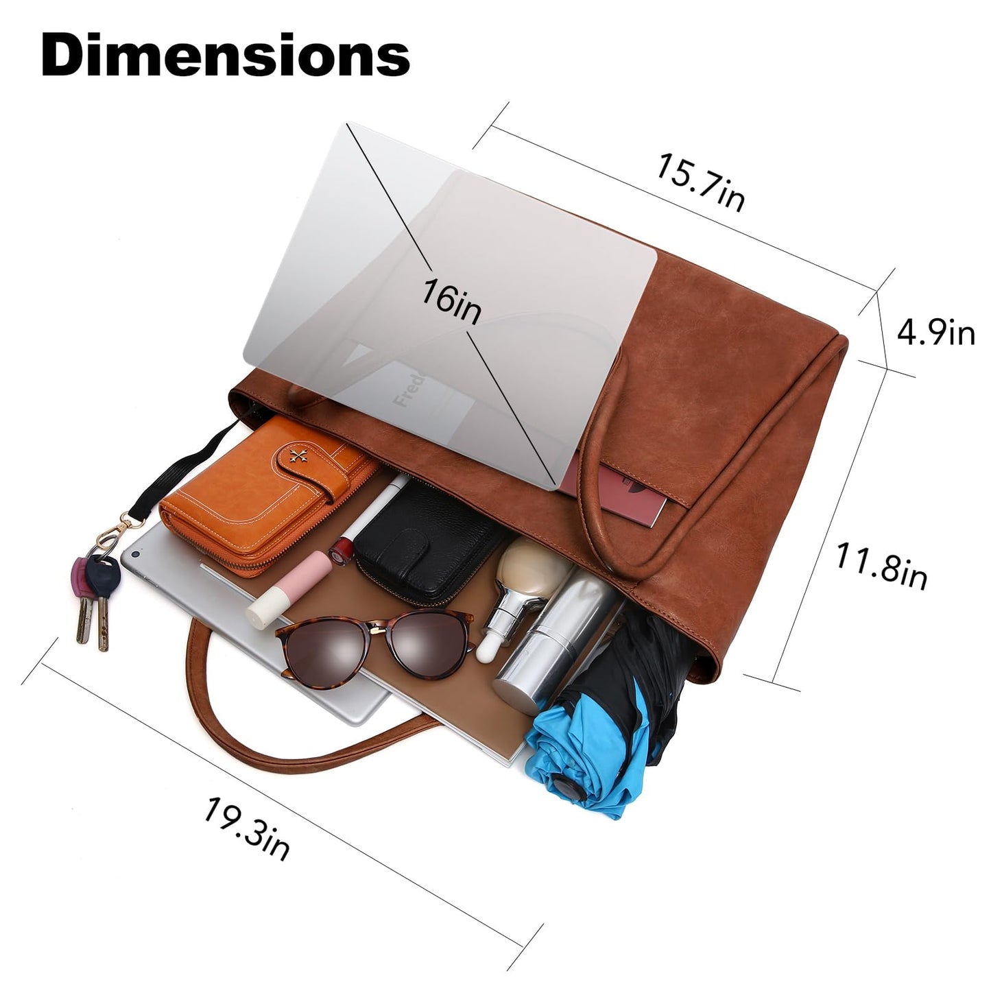 Large Tote Bag for Women Work with Zipper 16L Vegan Leather Ladies Travel Purses and Handbags Brown