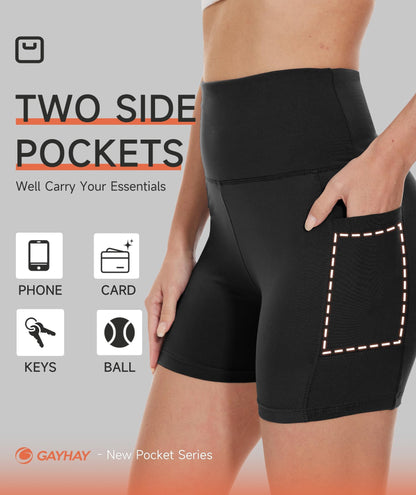 GAYHAY Biker Shorts Women with Pockets - 3"/5"/8" High Waisted Soft Tummy Control Workout Shorts for Yoga Fluorescent Orange