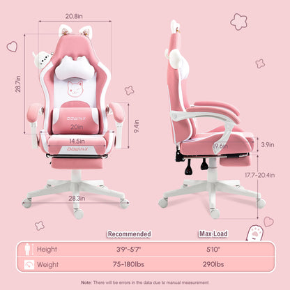 Dowinx Gaming Chair Cute with Cat Ears and Massage Lumbar Support, Ergonomic Computer Chair for Girl with Footrest and Headrest, Comfortable Reclining Game Chair 290lbs for Adult, Teen, Pink