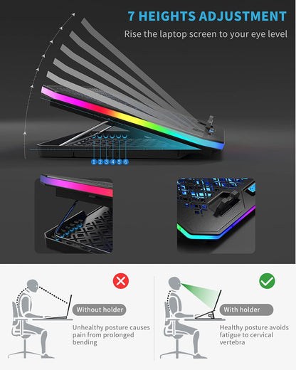 KeiBn Upgarde Laptop Cooling Pad, RGB Lights Laptop Cooler 6 Fans for 15.6-17.3 Inch Laptops, 7 Height Stands, 10 Modes Light, 2 USB Ports, Desk or Lap Use (A8,Blue)