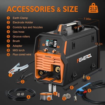 FEMEROL 200A MIG Welder,4 in 1 Gas MIG/Gasless Flux Core/Stick/Lift TIG Multi-process Welding Machine Large LED Display 110V/220V Multi Welder