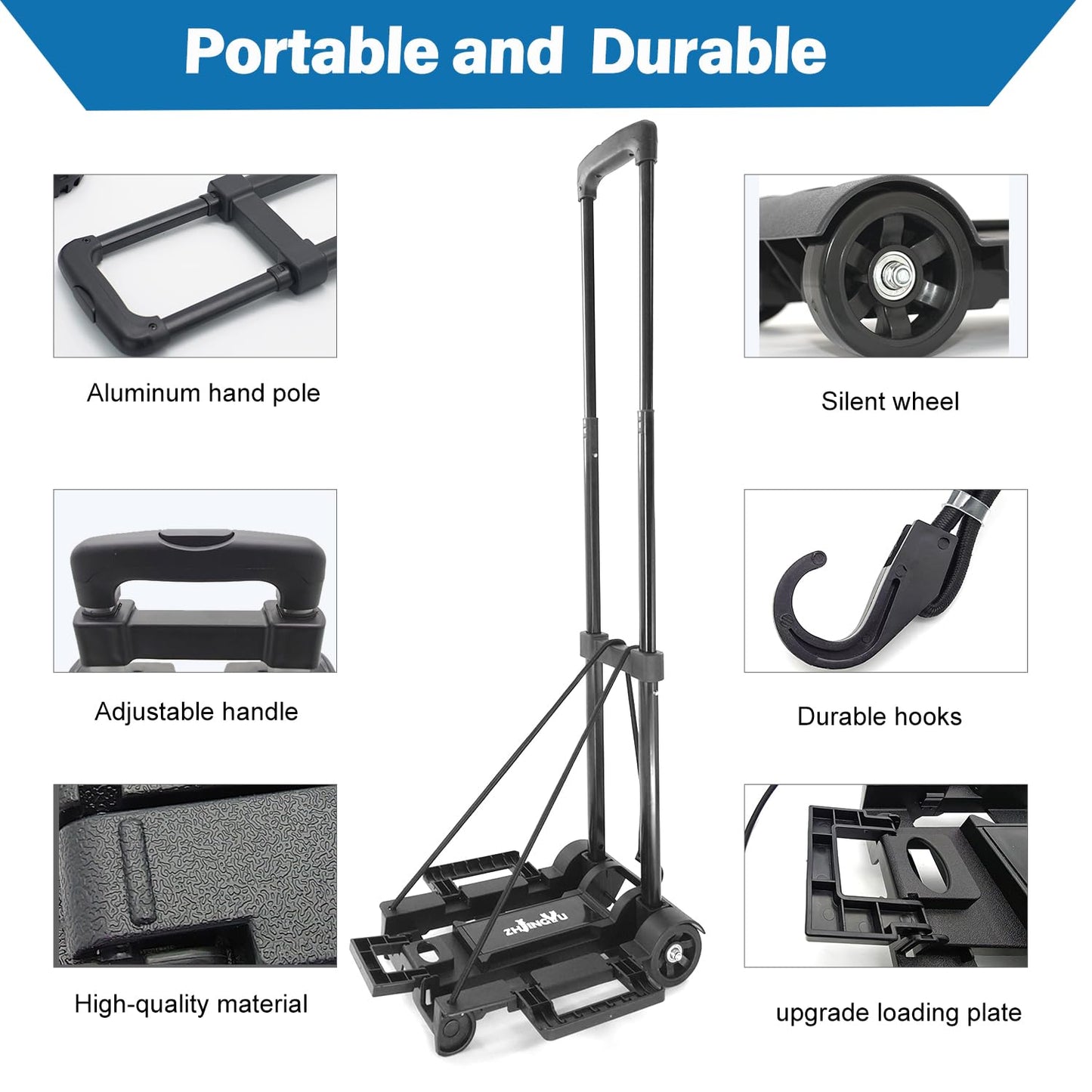 Folding Hand Truck Trolley Dolly, Folding Cart Small Trolley Dolly with Wheels, Lightweight Utility Dolly Expandable Baseplate Small Backpack Portable Luggage Cart for Airport Travel