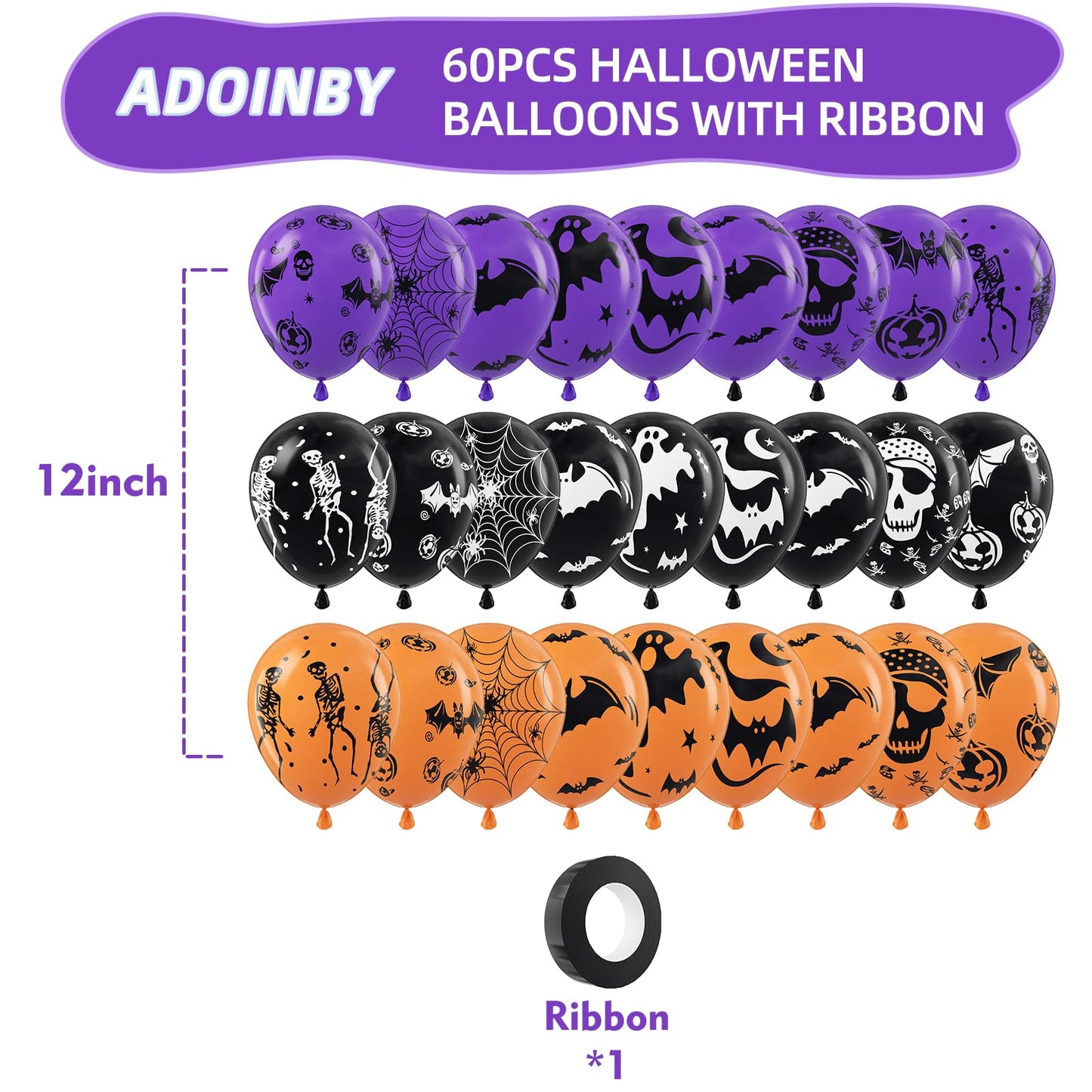 Halloween Balloons, 60Pcs 12 Inches Balloons 9 Styles Black Orange Purple Halloween Pumpkin Ghost Bat Skull Spider Webs Print Balloons for Halloweenn Party Decorations Halloweene Party Supplies
