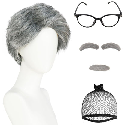 IMEYLE 4 Pcs Set Old Men Wig (2 Eyebrows+1 Mustache+1 Glasses+1 Wig Cap) 100 Days of School Wigs Grandpa Costume Accessory Kit Short Sliver Grey Hair Wigs Men for Costume Halloween Party+Hair Cap