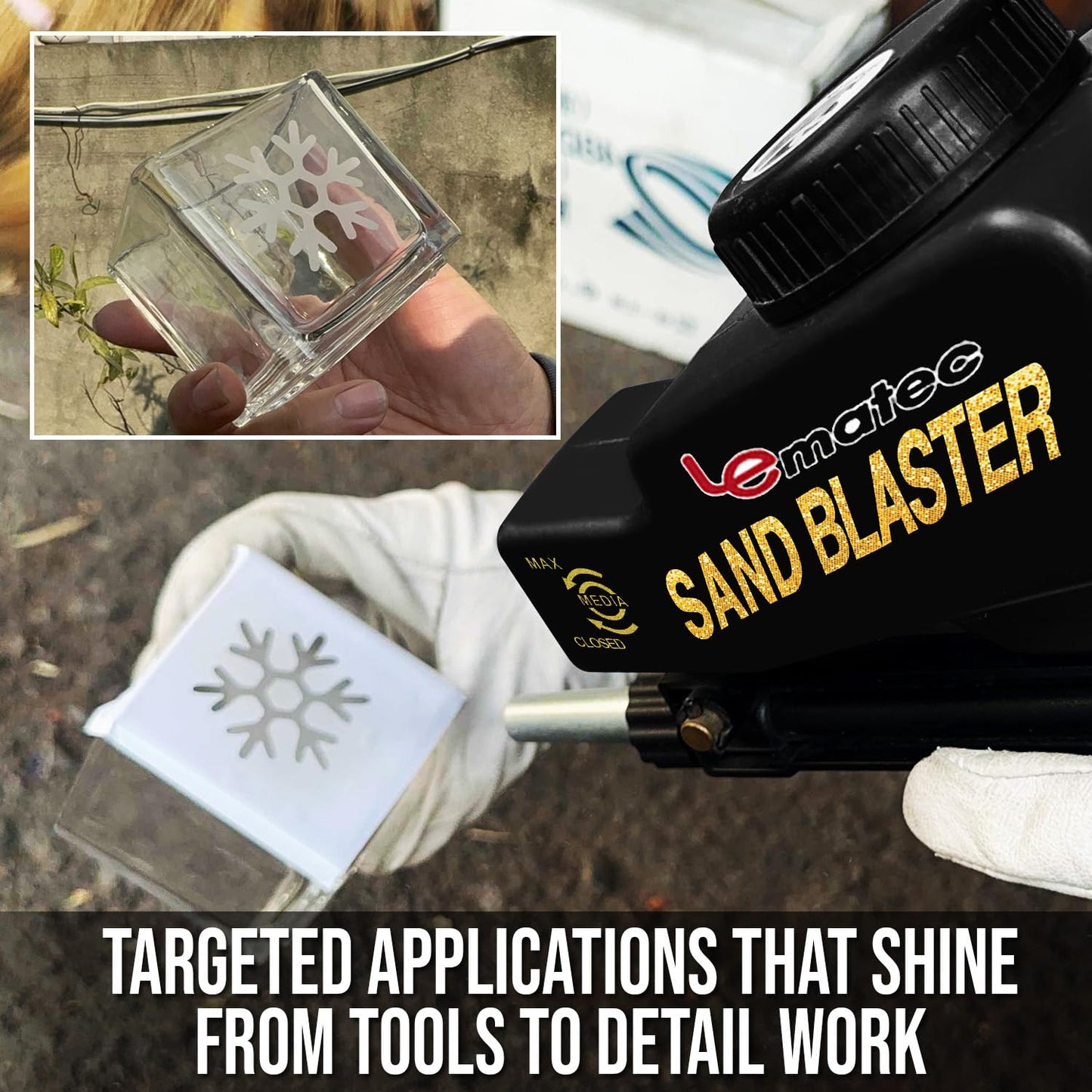 LE LEMATEC Portable Sand Blaster Gun for Small Projects - Required150PSI Air Compressor (4+ CFM) Detail Work, Rust Removal, Glass Etching - Black (AS118)