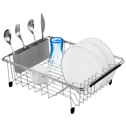 iPEGTOP Expandable Deep & Large Dish Drying Rack, Over The Sink, in Sink Or On Counter Dish Drainer Basket Shelf with Removable Grey Utensil Silverware Holder, Rustproof Stainless Steel