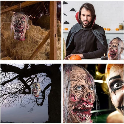 Halloween Decoration Props, Scary Hanging Severed Head Life-Size Bloody Latex Zombie Head for Haunted House Halloween Party Yard Bar Decor