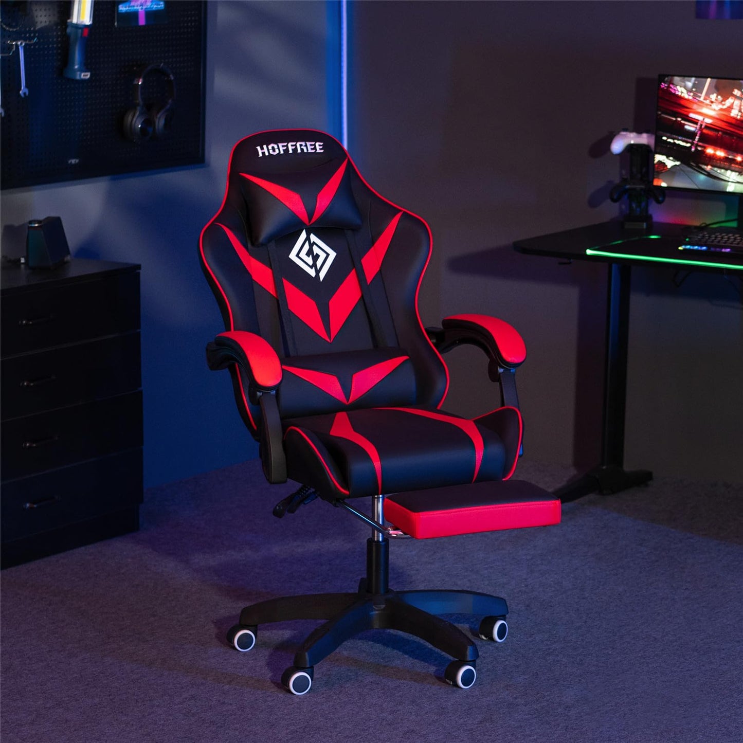 HOFFREE Massage Gaming Chair for Kids Computer Gamer Chair with Footrest and Lumbar Support Reclining PC Game Chair with Headrest for Gaming Room Red and Black