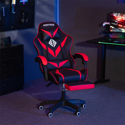 HOFFREE Massage Gaming Chair for Kids Computer Gamer Chair with Footrest and Lumbar Support Reclining PC Game Chair with Headrest for Gaming Room Red and Black