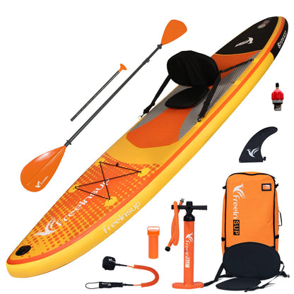 Freein Inflatable Stand Up Paddle Board ，Capacity 2-in-1 SUP/Kayak with Adjustable Seat ，Electric Pump Adapter ，Non-Slip Diamond Deck & Travel Backpack ，for Adults/Fishing/Yoga（Yellow,10'6"