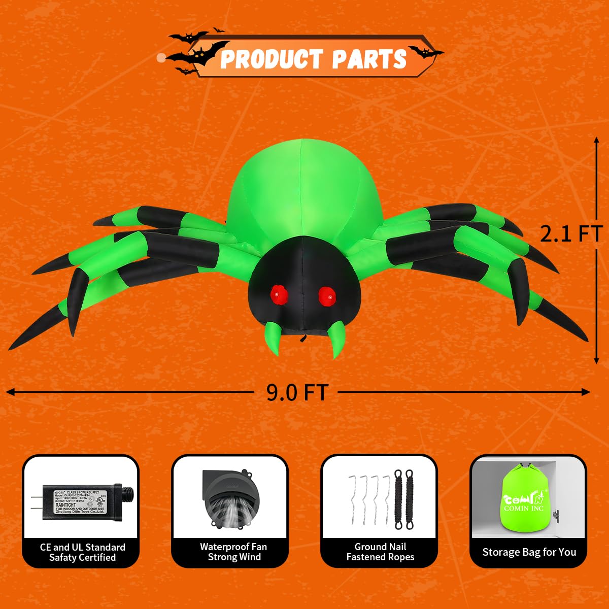 COMIN 9FT Width Halloween Inflatables Outdoor Decorations Spider Blow Up Yard Decoration with Built-in LED for Yard Garden Party Lawn (Green)