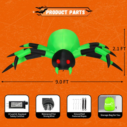 COMIN 9FT Width Halloween Inflatables Outdoor Decorations Spider Blow Up Yard Decoration with Built-in LED for Yard Garden Party Lawn (Green)