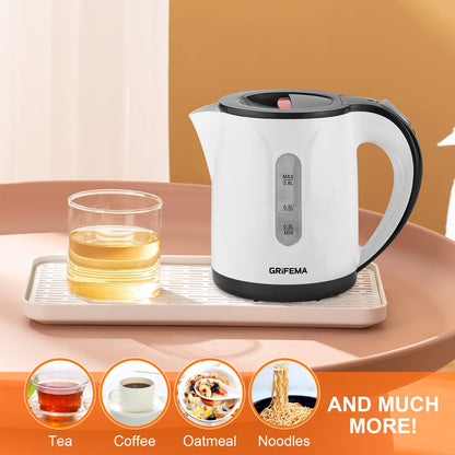 GRIFEMA Small Electric Tea Maker, 0.8 L, 1100 W - Quiet Kettle With Limescale Filter, BPA-Free, Automatic Shut-Off, Overheating Protection, White