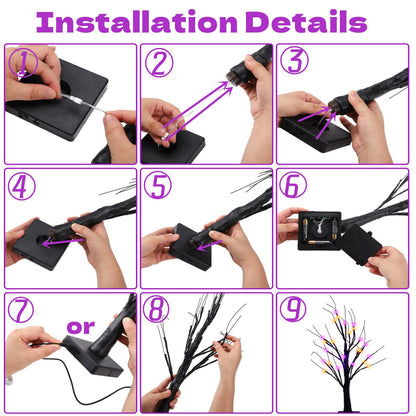 Efunly 2 Pack 24 Inch Halloween Black Spooky Tree with Orange & Purple Lights, USB&Battery Operated Tabletop Halloween Black Tree with Timer for Indoor Home Holiday Party Decorations