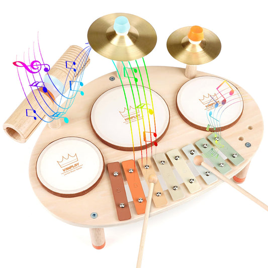 Drum Set - 9 in 1 Musical Instruments for for Toddlers 3+, Wooden Montessori Toys for Boy & Girls Easter Birthday Gifts, Musical Drum Set with Xylophone for Kids 3 4 5 6