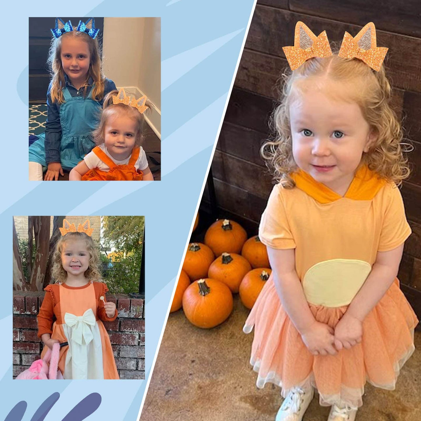 2 Pairs Blue Dog Ears and Orange Dog Ear Hair Bow Clips for Toddler Kids Adult Glitter Bows Halloween Costume Animal Cosplay Hair Accessories Birthday Party Supplies (Blue+Orange)