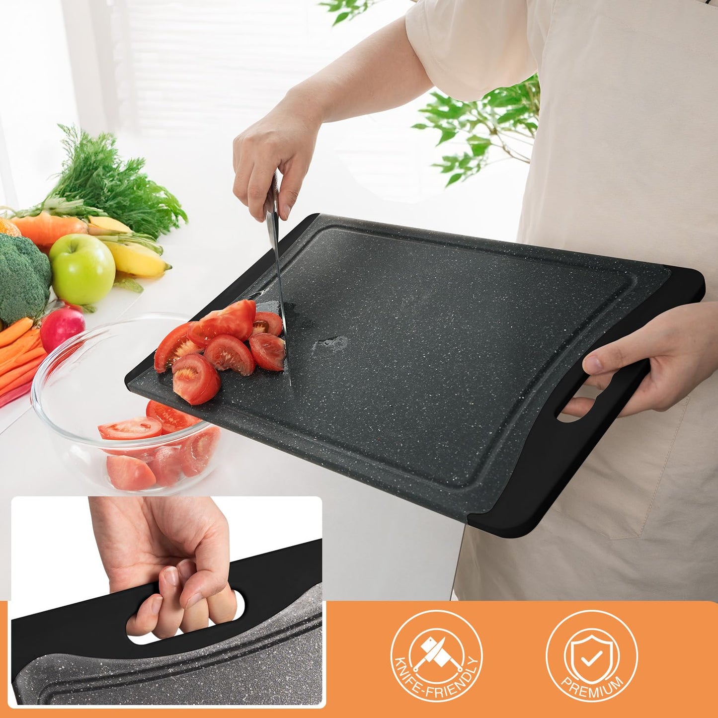 Extra Large Cutting Boards, Plastic Cutting Boards for Kitchen (Set of 3) Cutting Board Set Dishwasher Chopping Board with Juice Grooves Easy-Grip Handles, Dark Grey, Empune