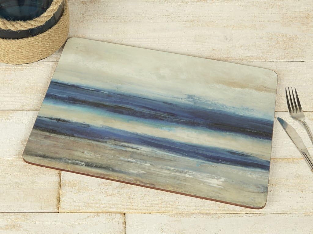 Creative Tops Wooden Placemats Set of 6, Abstract Ocean View, Cork Backed Table Mats, 30 x 22.8 cm, Blue/Grey