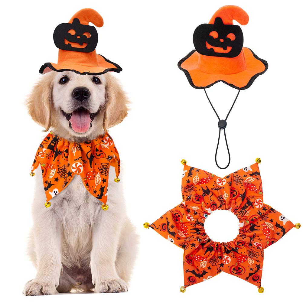 EXPAWLORER Dog Halloween Costumes - Halloween Style Dog Collar with Bells and Wizard's Hat Set,Halloween Pumpkin Pattern Pet Costume for Dogs Wearing - Orange