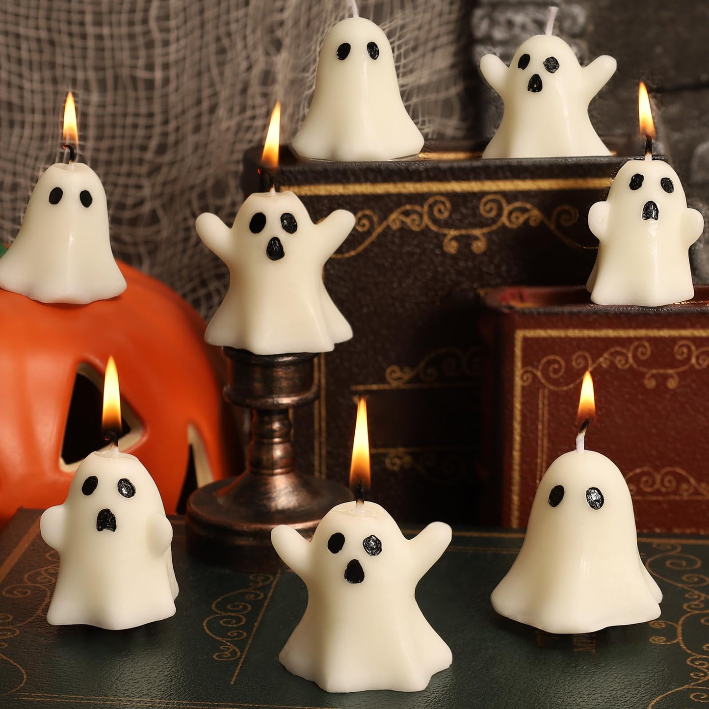 12 PCS Halloween Ghost Candles Spooky Candles White Floating Candles Halloween Decorative Tabletop Candle White Dripless Wax Burning Candle for Holidays Party