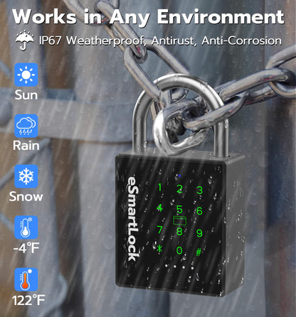 eLinkSmart Heavy Duty Smart Padlock with Key, Pad Lock with Code Keypad, Weatherproof Bluetooth RFID Keyless Electronic Digital Combination Lock for Gate Outdoor Fence Storage Unit Locker Shed Pool