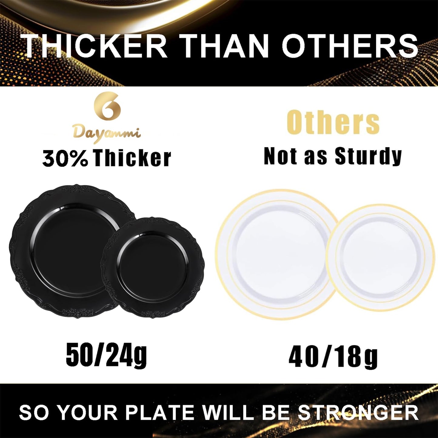 DaYammi 60PCS Black Plastic Plates, Heavy Duty Black Disposable Plates Premium 7.5 inch Dessert Cake Salad Appetizer Plates Hard Plastic Plates Disposable for Halloween Party