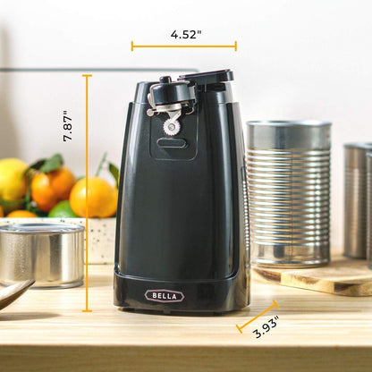 BELLA Electric Can Opener and Knife Sharpener, Multifunctional Jar and Bottle Opener with Removable Cutting Lever and Cord Storage, Stainless Steel Blade, Black